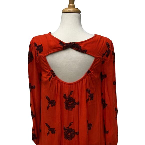 Free People Emma Swing Mini Dress Sz Sm Orange Embroidered Floral Boho Fall - Picture 9 of 13